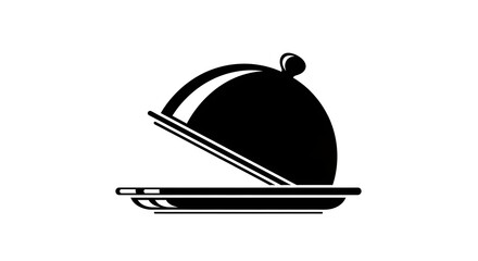 Obraz premium A simple, black-and-white illustration of a food cloche with an open lid, atop a serving platter, against a white background