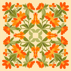Vibrant Symmetrical Floral Pattern with Orange Flowers and Green Leaves. Folk Art Decorative Design.
