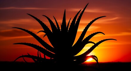 A silhouette of a spiky succulent plant is set against a fiery sunset, with the sun partially obscured by the plant's leaves