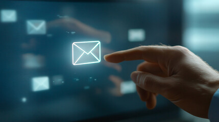 Close-up of a businessman’s hand interacting with a white email icon on a transparent screen, symbolizing business communication, professional contact, and digital correspondence.