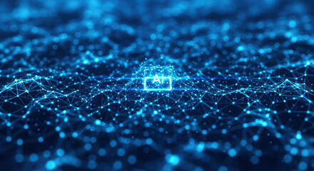 Exploring artificial intelligence, abstract computer generated connection with blue futuristic lights. Artificial intelligence drives virtual connection and digital support in modern world,