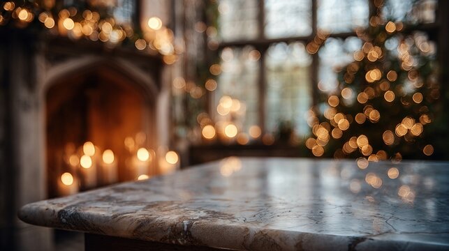 A close-up shot of a marble table top with a blurred background of a fireplace with candles, a Christmas tree and strings of twinkling lights, and a window. High quality