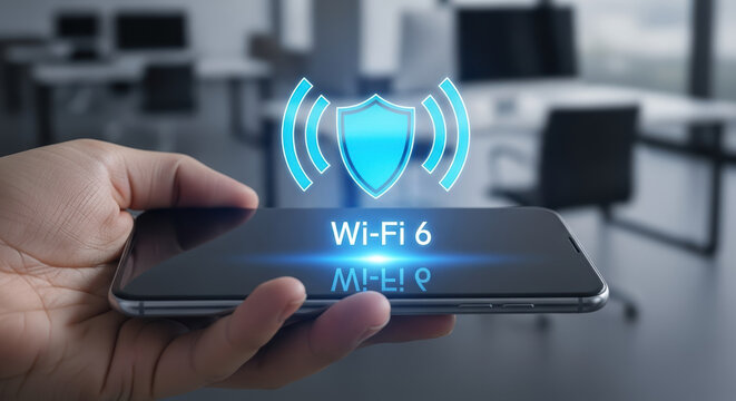 Wi-fi connection displayed on smartphone screen in hand, showcasing wireless data signal. Wi-fi setup includes digital display, offering secure connection through global network, enhancing data flow.