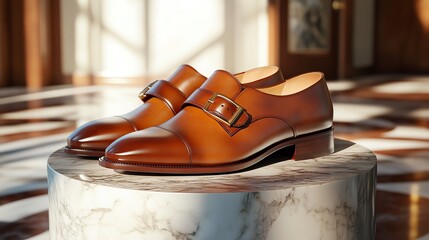 Stylish leather shoes on a marble pedestal.