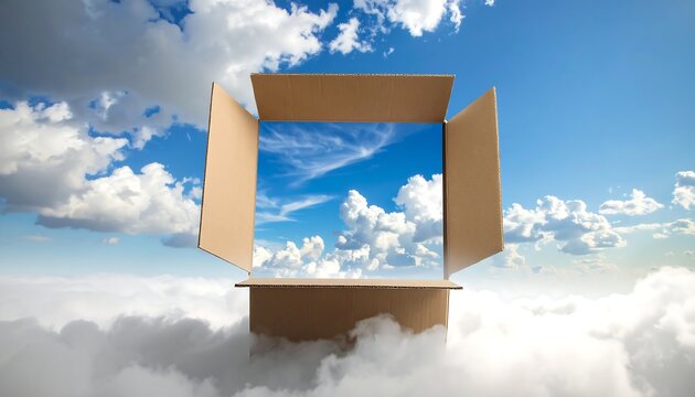 Open cardboard box floating in the clouds with blue sky.