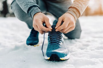 Runner hands lacing up athletic shoe on snowy ground. Preparing for outdoor fitness training in cold weather