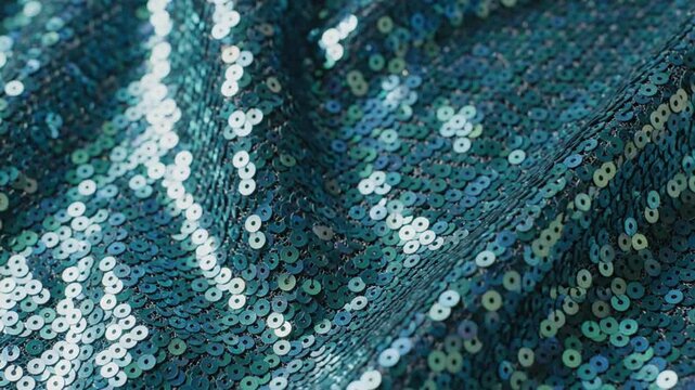 Close up of sparkling teal sequin fabric texture with a gentle wave pattern for design use