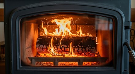 Cozy wood burning stove with vibrant flames illuminating stacked logs inside a dark metal frame