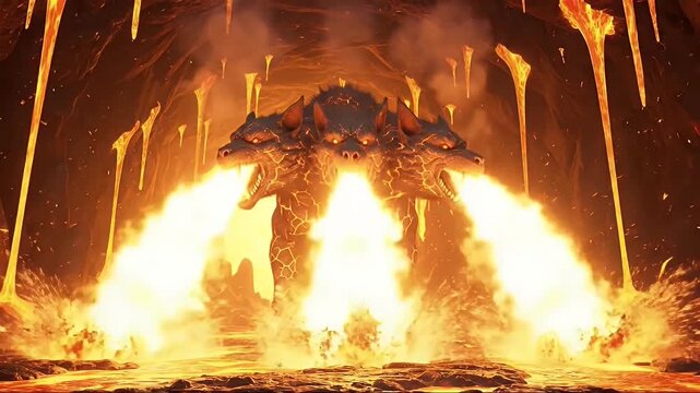 Epic three headed mythological beast guarding a fiery underworld cave filled with lava
