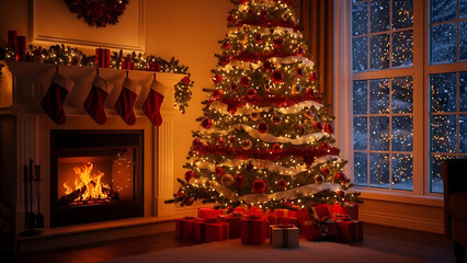 Fototapeta premium fireplace with christmas decorations, marry christmas
