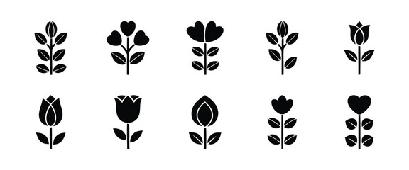 Collection of Black Flower Icons for Design and Decoration Purposes
