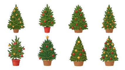 Assortment of festive evergreen trees adorned with colorful baubles and sparkling lights, perfect for winter holiday graphics and seasonal cheer