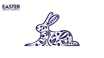 Elegant dark blue ornamental easter bunny silhouette with floral patterns and the text easter joyful moments on a white background perfect for seasonal design