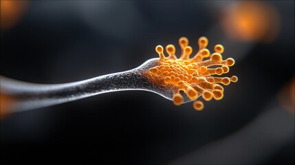 Close-up of a microscopic structure with orange spheres, set against a dark background.