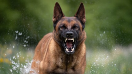 A strong dog stands in a grassy park with its mouth open wide, showing teeth as it barks confidently. Sunlight filters through trees, adding warmth to the moment