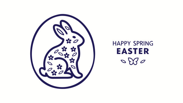 Happy spring easter greeting card with a stylized blue bunny inside an egg and decorative elements like flowers and a butterfly on a white background