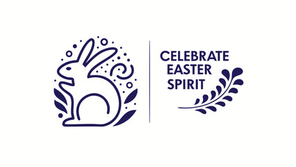 Celebrate easter spirit with a charming navy blue line art rabbit surrounded by decorative elements and a floral sprig alongside the text celebrate easter spirit