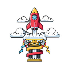 Red Cartoon Rocket Launching from Classical Column with Smoke. Startup, Innovation & Success Concept Vector Illustration.