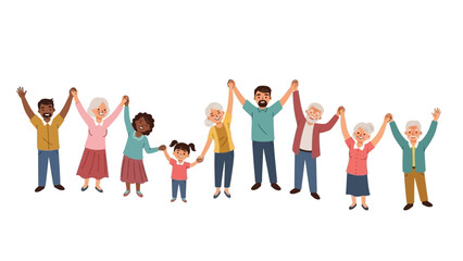 Diverse group of people of all ages and ethnicities holding hands in unity and celebration