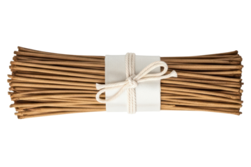 Bundle of brown aromatherapy incense sticks tied with white string isolated on transparent background