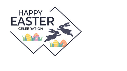 Happy easter celebration with two playful bunnies hopping among colorful decorated eggs and green grass inside a modern geometric frame