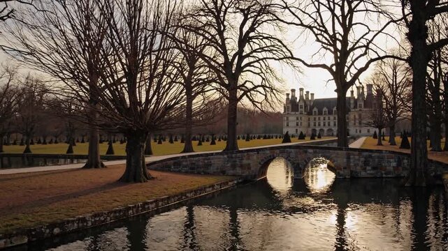 A grand chateau overlooks a still pond, framed by tall, leafless trees casting long shadows across the manicured lawn. The peaceful water reflects the elegant architecture, creatin