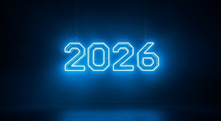 Bright blue neon lights form the year 2026 against a dark moody background