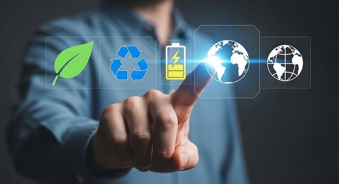 Man touches digital icons leaf recycle battery globe on screen