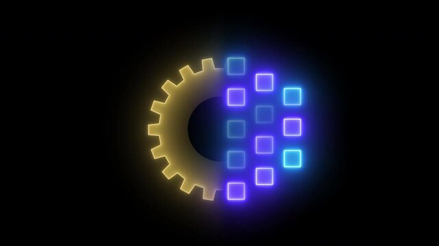 Neon gear merging into digital pixels. Concept of digital transformation, industry 4.0, technology evolution, future innovation, data automation, smart system upgrade and modernization.