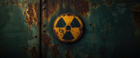 An aged, weathered radiation warning sign affixed to a corroded metal door creates a powerful visual statement, evoking themes of danger, decay, and industrial decline.