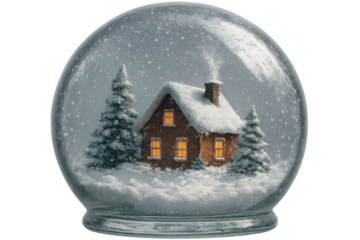 Snow globe with cozy house, pine trees, and falling snow, creating a winter holiday scene on transparent background