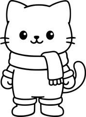 Cute kawaii style Christmas Cat coloring page for kids and adults relaxing and fun design element