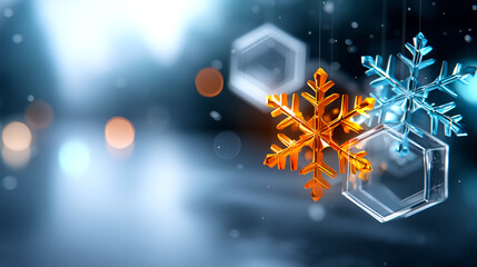 Stunning festive snowflakes in warm amber and cool blue tones sparkle against a dreamy bokeh background, perfect for holiday promotions and winter themes.