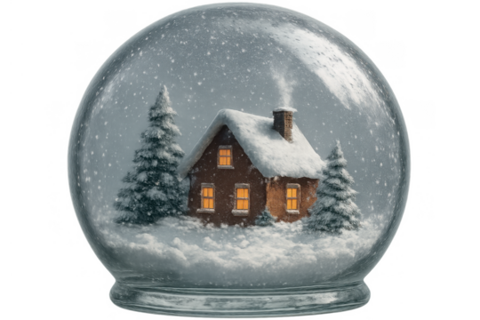 Snow globe with cozy house, pine trees, and falling snow, creating a winter holiday scene on transparent background - Powered by Adobe
