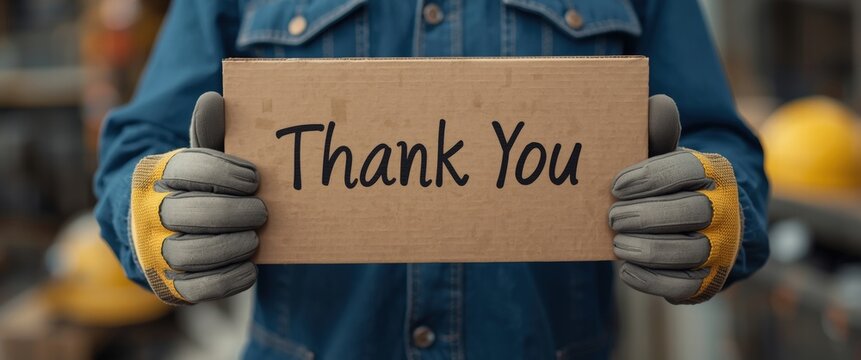 A hard working individual expresses sincere gratitude with a handmade sign. Conveying appreciation and respect for teamwork, dedication, and safety on the job site.