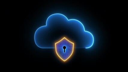Glowing neon cloud with shield and keyhole. Concept of cloud computing security, data privacy protection, cyber safety technology, strong network firewall and secure digital encryption system. - Powered by Adobe