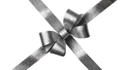 Elegant Silver Glitter Ribbon Bow PNG Isolated: Luxury Gift Wrapping Overlay Mockup for Premium Holiday Packaging, Festive Design, and E-commerce.