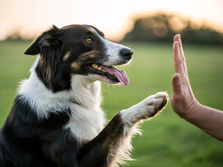Fototapeta premium Loyal border collie gives a happy high five to its owner on a sunny day, showing love, friendship, and the joy of connection outdoors