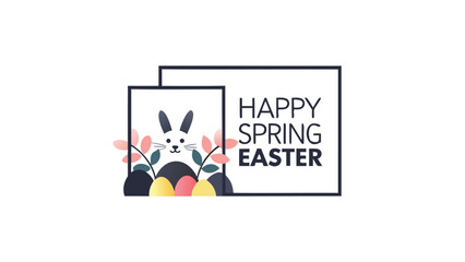Happy spring easter greeting card with a cute bunny colorful eggs and delicate flowers in a modern minimalist design on a white background