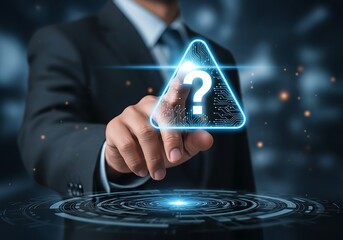 Man in Suit Touches Glowing Question Mark Triangle Interface