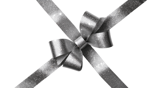 Elegant Silver Glitter Ribbon Bow PNG Isolated: Luxury Gift Wrapping Overlay Mockup for Premium Holiday Packaging, Festive Design, and E-commerce.
