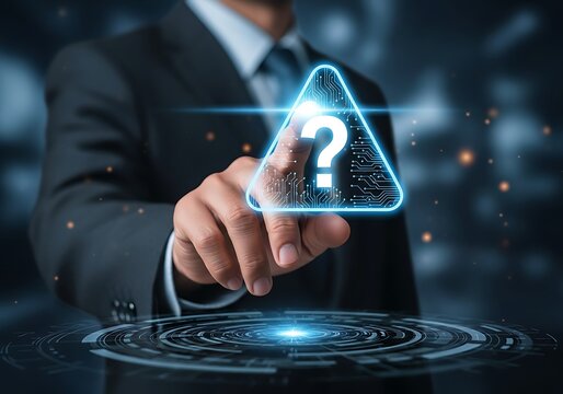 Man in Suit Touches Glowing Question Mark Triangle Interface