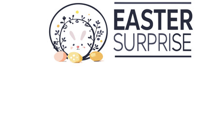 Cute easter bunny face peeking through floral wreath with decorative eggs and the text easter surprise