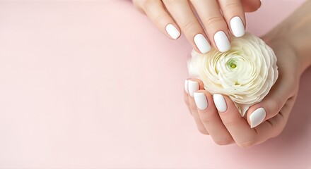 Elegant White Manicure with Ranunculus Flower.