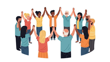 Diverse group of people holding hands in a circle symbolizing unity, community, and cooperation
