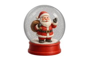 Santa claus figurine in a snow globe, carrying a sack and waving, celebrating christmas holidays on transparent background