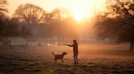 Playing fetch with a dog during sunset in a tranquil park setting