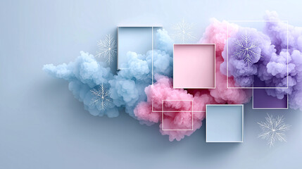 Dreamy pastel clouds swirl with delicate snowflakes and geometric frames creating a serene, abstract winter wonderland perfect for design projects.