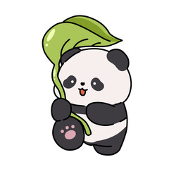 Charming baby panda holding a huge green leaf.