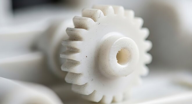 Close up macro shot of two interlocking white plastic gears with intricate teeth in a mechanical setting